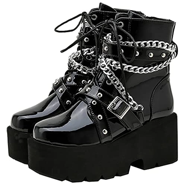 Juleya Womens Patent Leather Combat Ankle Boots Mid Calf Chunky Heel Platform Booties Chains Round Toe Lace Up Zip Punk Goth Shoes