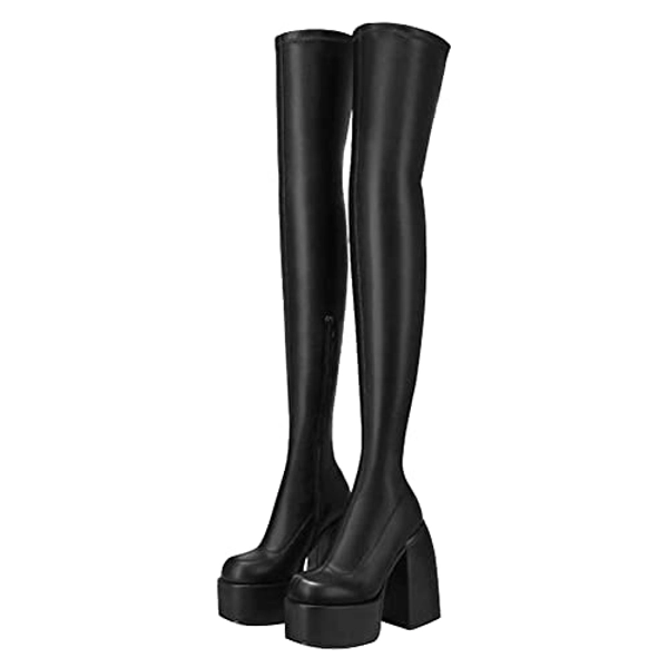 AMINUGAL Womens Over The Knee Boots Platform Chunky Block High Heel Round Toe Zip Tight High Boots Gothic Punk Motorcycle Combat Boots