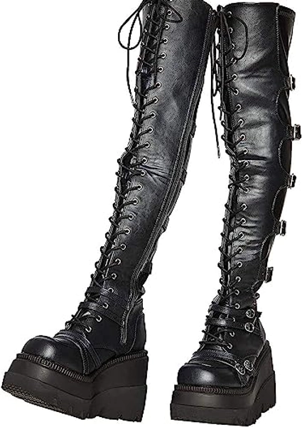 CELNEPHO Womens Wedge Platform Over The Knee Boots Chunky High Heel Side-Zip Lace-Up Motorcycle Riding Boots Combat Boots For Women