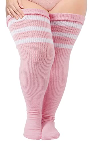 Plus Size Womens Thigh High Socks for Thick Thighs- Extra Long Striped Thick Over the Knee Stockings- Leg Warmer Boot Socks - Baby Pink & White