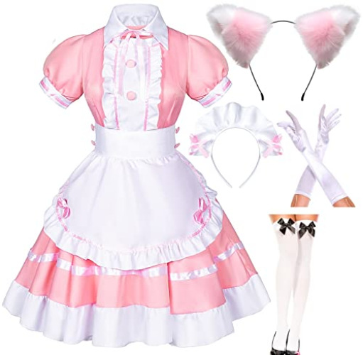Elibelle Japanese Anime sissy maid dress Cosplay Sweet Classic Lolita Fancy Apron with socks gloves set - XX-Large - Type 1 Pink