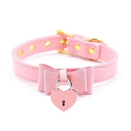 LEWECEEO PU Leather Bow Collar Necklace Choker with Bell Cat Cosplay Kitty Necklace Choker Collar for Women - B-Pink-Pink Lock
