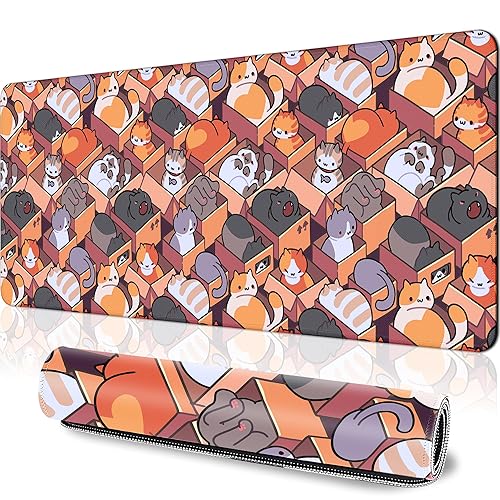 Cute Cartoon Cat Large Mouse Pad, Kawaii Desk Mat Anime Gaming Mouse Pad Large 31.5x11.8in,Extended Big Computer Keyboard Mouse Mat Desk Pad,Non-Slip Base Mousepad with Stitched Edges for Home Office - Cute Cartoon Cat