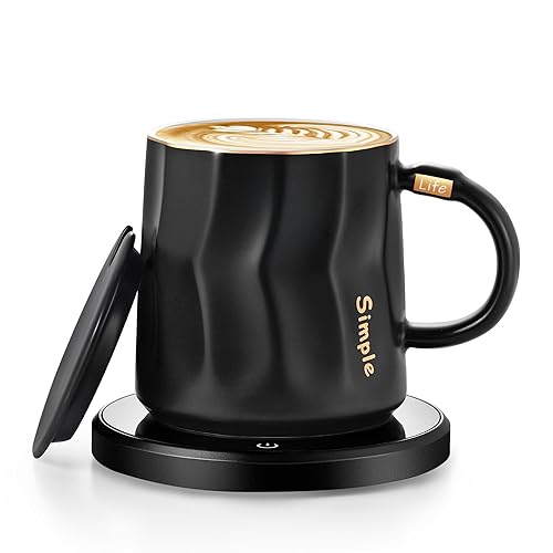 Coffee Mug Warmer & Mug Set, KRGMNHR Smart Coffee warmer for Desk with Auto Shut Off for Desk Home Office Use, Pressure-Activated Technology, 13.5 oz Flat-bottomed Tea Cup, New Matte Black Set - New Matte black