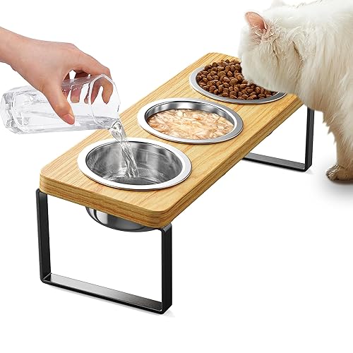 Elevated Cat Bowls with 3 Stainless Steel Bowls | 10° Tilted Anti-Vomiting Raised Cat Food Bowls for Small Cats and Puppies Pet Bowls with Stand - Bamboo