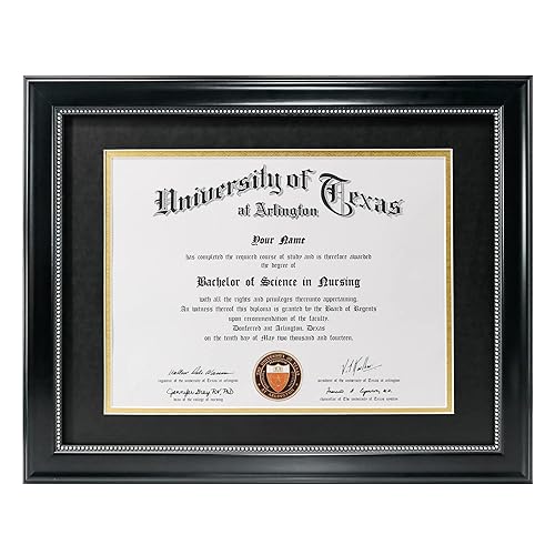 GraduationMall 8.5x11 Diploma Frame with Black over Gold Mat or Display 11x14 Document without Mat, UV Protection Acrylic, Black with Silver Beads - Black With Silver Beading - 11x14 or 8.5x11 with Mat