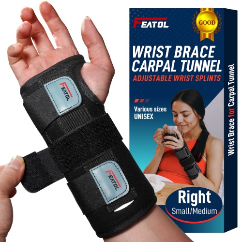 FEATOL Wrist Brace for Carpal Tunnel, Adjustable Wrist Support Brace with Splints Right Hand, Small/Medium, Arm Compression Hand Support for Injuries, Wrist Pain, Sprain, Sports - Small/Medium (Pack of 1) Right Hand -Black