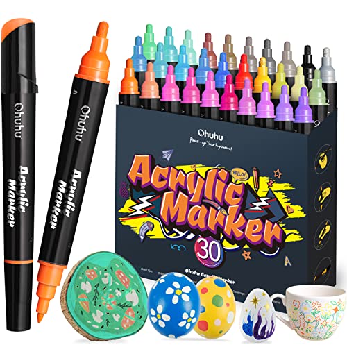 Ohuhu 30 Colors Acrylic Paint Pens : Dual Tip (Round & Fine) Acrylic Paint Markers for Easter Eggs Rock Painting Waterproof Great Coverage Paint Pens Wood Glass Canvas Acrylic Markers for Adults Kids