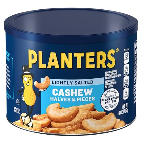 PLANTERS Lightly Salted Cashew Halves & Pieces, Party Snacks, Plant-Based Protein, 8 Oz Canister - Lightly Salted - 8 Ounce (Pack of 1)