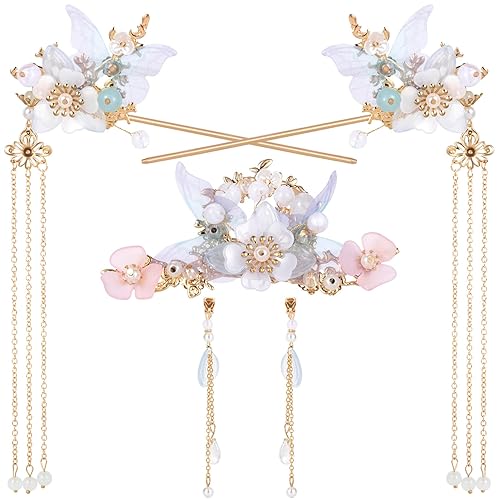 HINZIC 5PCS Bluebell Tassels Hairpin, Crystal Rhinestone Pearl Hair Clips Headpiece Retro Flower Chinese Hanfu Wedding Brides Hair Accessories Jewelry for Women Girls Updo Long Hair - Bluebell Tassels