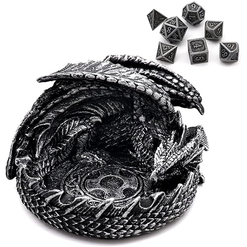 Haxtec Dragon Dice Jail with DND Metal Dice Set Antique Iron Guardian Dragon Dice Tray Holder Dungeons and Dragons Accessories Gift Dragon Statue Decor - Silver