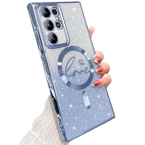 ZONRW for Samsung Galaxy S22 Ultra Case Magnetic,for Women Girl Soft Cute Luxury Love Heart Plating Bling Gradient Glitter Phone Case Compatible with MagSafe Clear Shockproof Back Cover 6.8”-Blue - Samsung Galaxy S22 Ultra - Blue