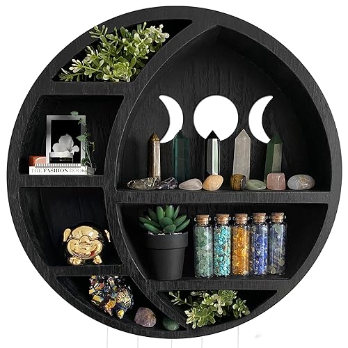 Ella & Emma Wooden Moon Shelf - Crescent Moon Crystal Shelf, Crystal Storage & Wall Hanging Shelves for Bedroom Aesthetic, Moon Phase Wall Decor & Crystal Display Shelf, Pinewood, Black - Full Black