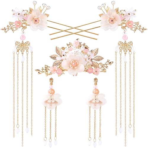 HINZIC 5PCS Silk Flower Tassels Hairpin, Crystal Rhinestone Pearl Hair Clips Headpiece Retro Flower Chinese Hanfu Wedding Brides Hair Accessories Jewelry for Women Girls Updo Long Hair - Silk Flower