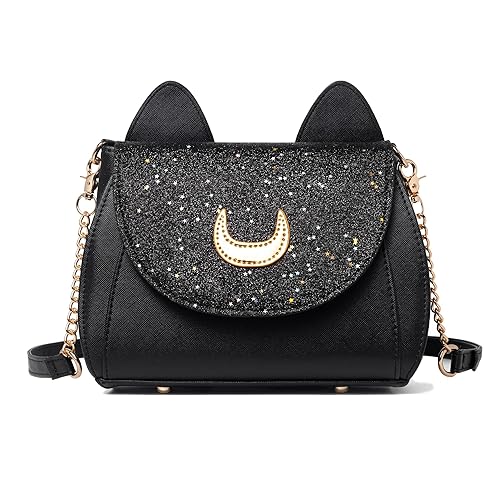 Women Kawaii Handbag Cosplay Gothic Crossbody Cat and Moon Purse Sequin Satchel Shoulder Bag - Black