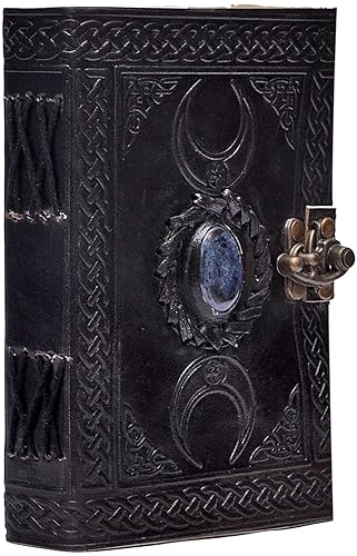 cuero 3 Moon Blue Lapiz Embossed Vintage Leather Journal | 240 Pages of Antique Handmade Deckle Edge Vintage Paper, Leather Sketchbook, Drawing Journal, Great Gift (7 inch by 10 inch, black) - 7 inch by 10 inch - Black