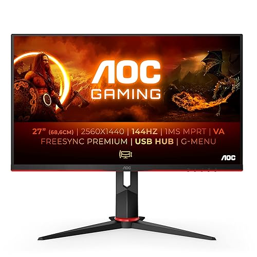 AOC Écran gaming Q27G2U 80 cm (27 pouces) (QHD, HDMI, DisplayPort, FreeSync, temps de réponse de 1 ms, 144 Hz, 2560x1440) noir/rouge - Hauteur réglable - USB hub - 27 Pouces QHD - 155Hz - VA