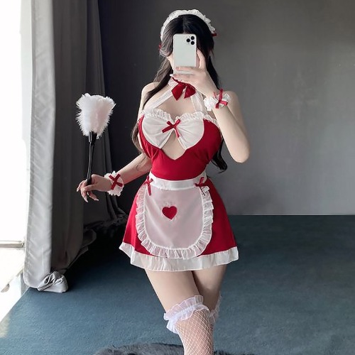 Seductive Anime Maid Cosplay Outfit - Red / M