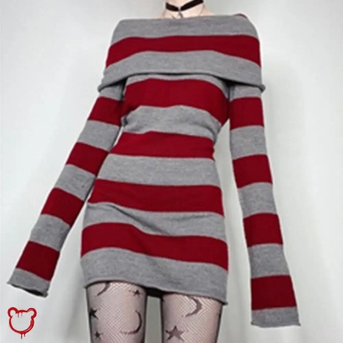 Embers' Sweater Dress: Black/Grey & Red/Grey - Red / M