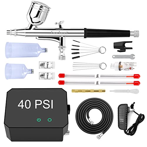 Gocheer Upgraded 40PSI Airbrush Kit, Dual-Action Multi-Function Airbrush Set with Compressor for Painting Portable Air Brush Set for Cake Decoration Makeup Art Craft Nail Design Model Tattoo - Black