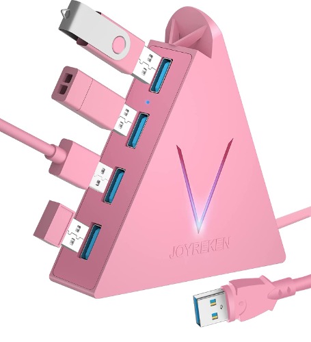 JoyReken 4-Port USB 3.0 Hub, FlyingVHUB Vertical Data USB Hub with 2 ft Extended Cable, for Mac, PC, Xbox One, PS4, PS5, iMac, Surface Pro, XPS, Laptop, Desktop, Flash Drive, Mobile HDD(Pink) - USB A to 4×USB 3.0