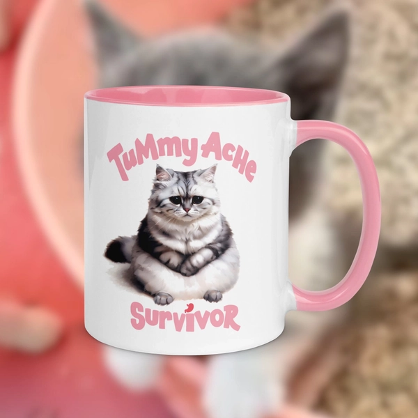 Tummy Ache Survivor Grey Cat Meme Mug, Cute Stomach Ache Mug, Cat Meme Cup, Funny IBS Mug With Color Inside