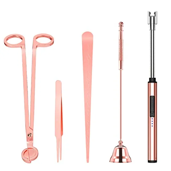 5 in 1 Candle Accessory Set,Candle Wick Trimmer Cutter Set,Candle Wick Dipper,Candle Wick Snuffer,Rechargeable Candle Lighter,Tweezers,Stainless Steel Candle Care Kit Gift for Aromatherapy(Rose Gold)…