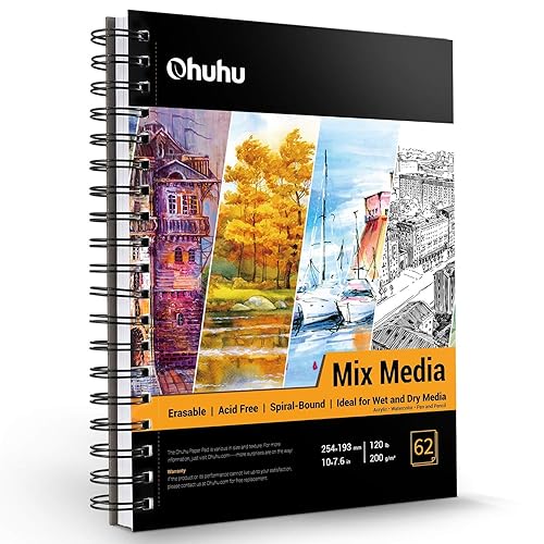 Mix Media Sketchbook, Ohuhu 10"×7.6" Watercolour Paper for Wet or Dry Media, 120 LB/200 GSM Heavyweight Papers 62 Sheets/124 Pages, Spiral Bound Mix Media Paper Pad for Acrylic, Watercolor, Pen and Colored Pencil Painting