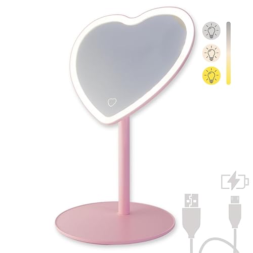 MYKALA Pink Heart Mirror with Lights for Makeup Desk. Rechargeable Heart Shaped Mirror for Pink Room Decor. Aesthetic Pink Mirror for Makeup and Beauty Routine. - 12L x 8W inches