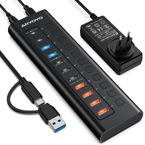 ANYOYO USB C-hub actief, 48 W USB hub actief 3.0 met voeding, aangedreven USB-hub met 4 oplaadaansluitingen, USB-hub actief met 5 Gps USB C 3.0, USB A 3.0, USB A 2.0, USB-hub met voeding voor MacBook,