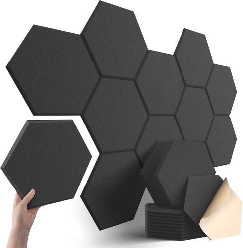 Self-adhesive Acoustic Panels Soundsbay 12 Pack Hexagon Sound Proof Panels High Density Soundproofing Panels for Recording and Acoustic Treatment Acoustic Foam 12" X 10" X 0.4" - 12 PCS（12" X 10" X 0.4"） Black-Self-adhesive