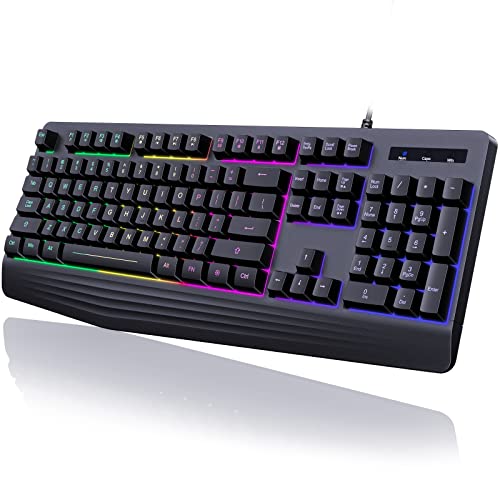 yesbeaut Gaming Keyboard, 7-Color Rainbow LED Backlit, 104 Keys Quiet Light Up Keyboard, Wrist Rest, Whisper Silent, Anti-ghosting Multimedia Keys, Waterproof USB Wired Keyboard for PC Mac Xbox - black