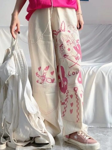 Pink Anime Print Baggy Pants - M
