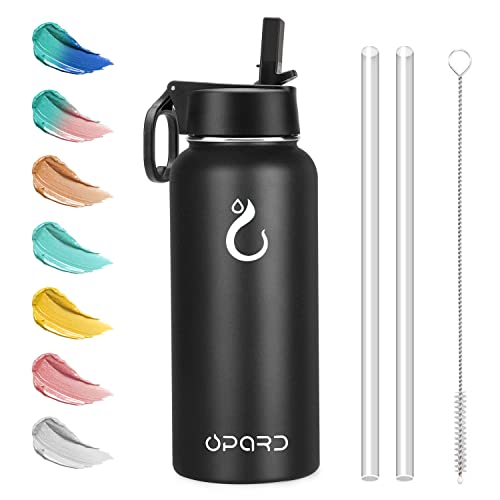 Opard Insulated Water Bottle 32 oz Stainless Steel Vacuum Double Walled Keeps Hot and Cold Sports Metal Water Bottle with Leak Proof BPA Free Straw Lid - Black