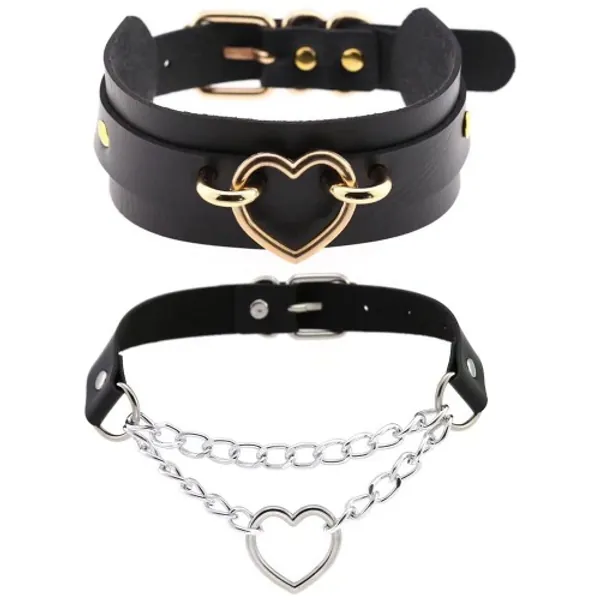 Adjustable PU Leather Choker Necklace, Goth Punk Choker Collar Necklace for Women Girls Boys Rockers (2 Heart) - 