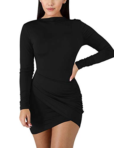 BORIFLORS Women's Sexy Wrap Front Long Sleeve Ruched Bodycon Mini Club Dress - Small - Black