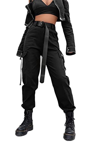 JEAAMKSSER Womens High Waisted Black Cargo Pants with Pockets Baggy Solid Y2k Streetwear Pants - Large - Black