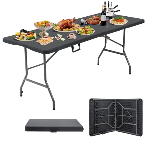 HKLGorg 6 Ft Folding Table Heavy Duty Working Indoor Outdoor Plastic Folding Utility Party Dining Table Easy to Assemble with Lock Function Black, 70.9 x 29.1 x 29.1 inches - 6FT Black