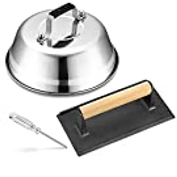 HaSteeL Melting Dome & Burger Press for Griddle, Stainless Steel 9In Basting Cover & Heavy Duty 8 x 4In Wooden Grill Press, Griddle Accessories Set Perfect for Flat Top Teppanyaki Cast Iron Outdoor