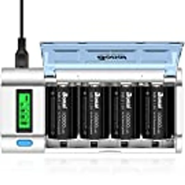 BONAI Rechargeable D Batteries with Charger LCD Smart Battery Charger for C D AA AAA 9V Ni-MH Ni-CD Rechargeable Batteries with 10000mAh Rechargeable D Cells (4 Counts)