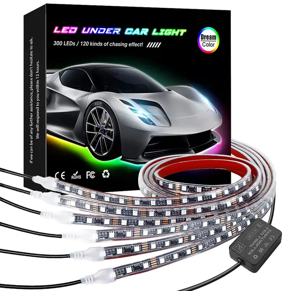 KORJO Car Underglow Lights, 6 Pcs Bluetooth Led Strip Lights with Dream Color Chasing, APP Control 12V 300 LEDs Underbody Lights, Waterproof Underglow Led Light Kit for Cars, Trucks, Boats - 