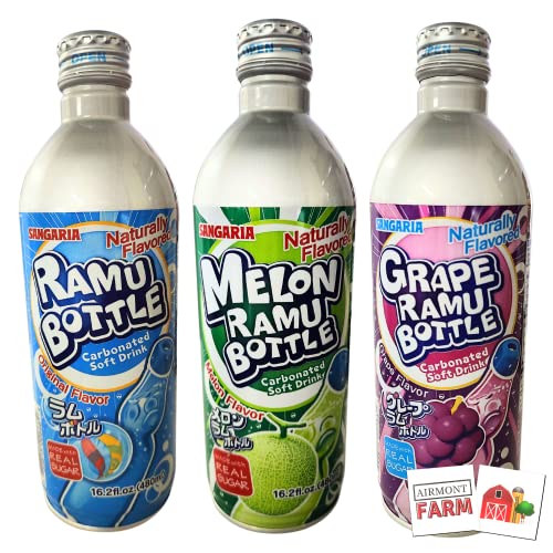 Sangaria Ramu Bottle Carbonated Soft Drink (3 Pack) Original, Melon, Grape with 2 Airmont Farm Stickers