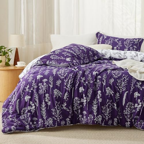 Bedsure Queen Comforter Set - Purple Comforter, Cute Floral Bedding Comforter Sets, 3 Pieces, 1 Soft Reversible Botanical Flowers Comforter and 2 Pillow Shams - Queen - 19 - Dark Purple