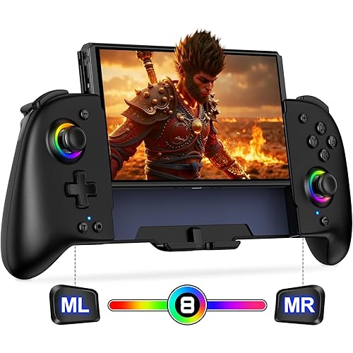 Gammeefy Switch Controllers, Wireless Switch Controller for Nintendo Switch/OLED Controller, Ergonomic Full Size Grip with 9 Lights Color, One Piece Joypad for Users Who Prefer Handheld Mode - Black