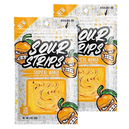 Sour Strips Flavored Sour Candy Strips, Deliciously Sour Chewy Candy Belts, Vegetarian Candies, 2 Pack (Tropical Mango (2 Pack)) - Tropical Mango (2 Pack)