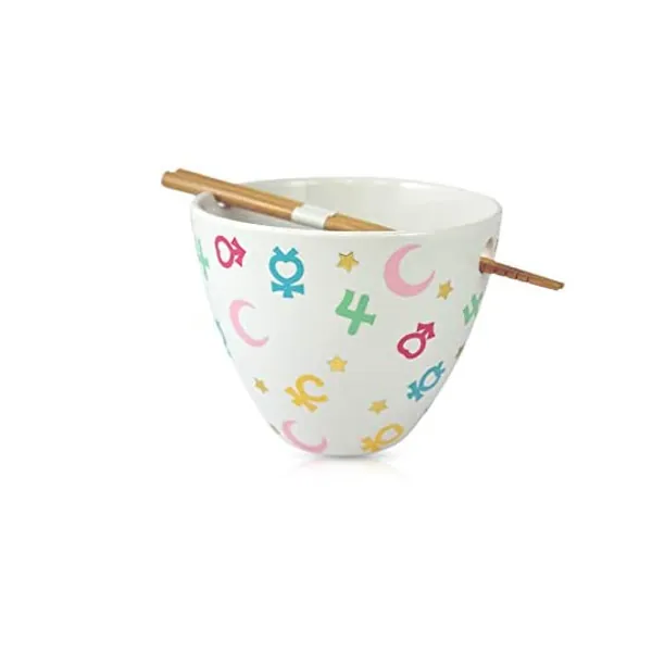 Sailor Moon Symbol Ramen Soup Rice Bowl with Chopsticks, Features symbols for each Sailor Scout, 16oz, by Just Funky - Mars, Venus, Jupiter, Mercury, Magical Girls