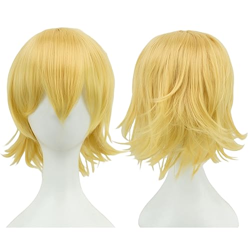 12 Inches Unisex Short Cosplay Hair Party BOB Wig with Bangs Halloween Costume Wigs (Yellow) - Yellow
