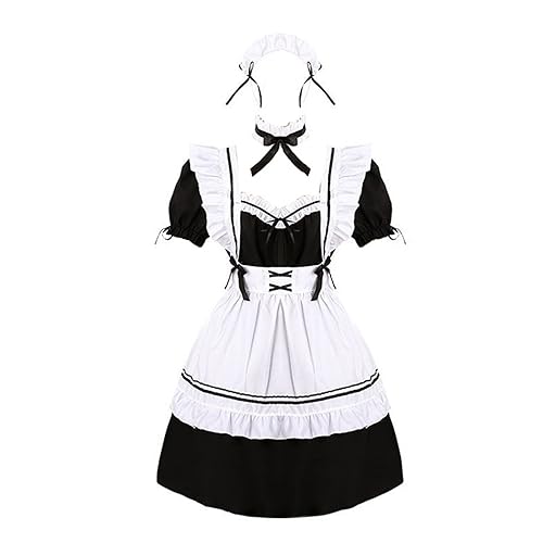hlysgo Womens Anime French Maid Outfit 8 Piece Lolita Cosplay Dress Halloween Maid Costume with Socks - Black - Small