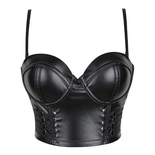 Black PU Leather Lace Underbust Corset - black / S