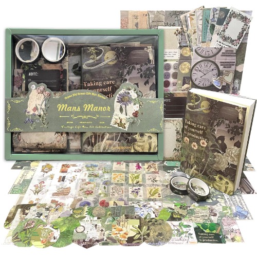 Kit de 368 piezas de álbumes de recortes vintage, suministros estéticos de diario basura con papel de álbum de recortes, pegatinas Washi, cuaderno de cuadrícula A6, regalo de diario para adolescentes